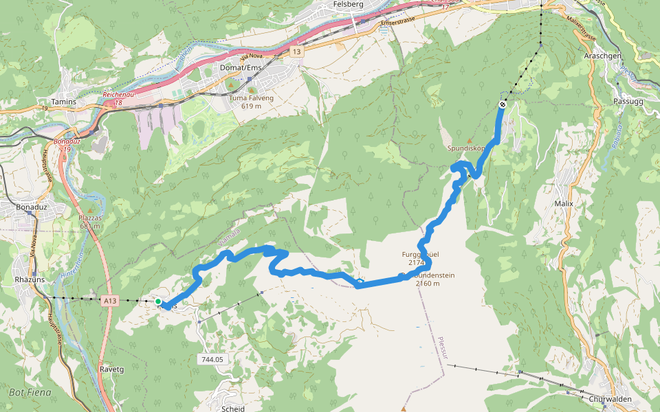 Dreibündenstein Panoramaweg walking route map in Domleschg