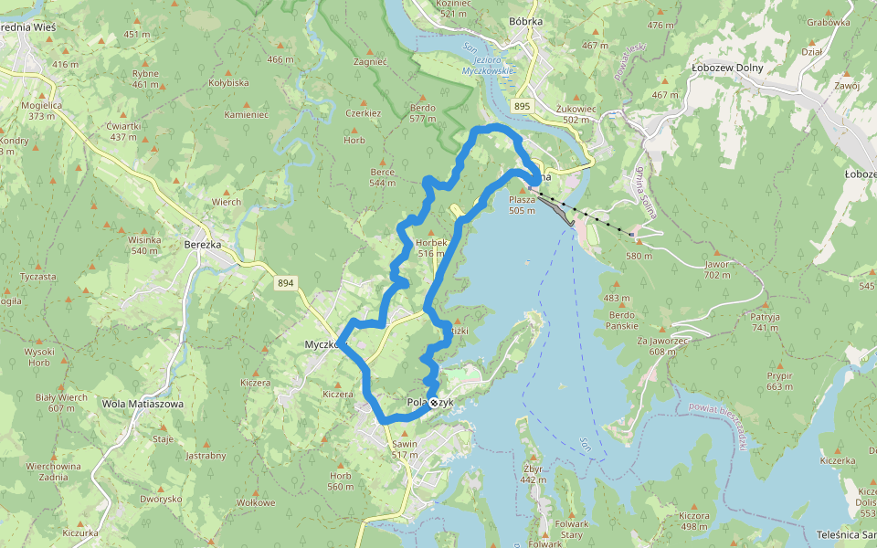 Zielone wzgórza nad Soliną walking route map in Polańczyk