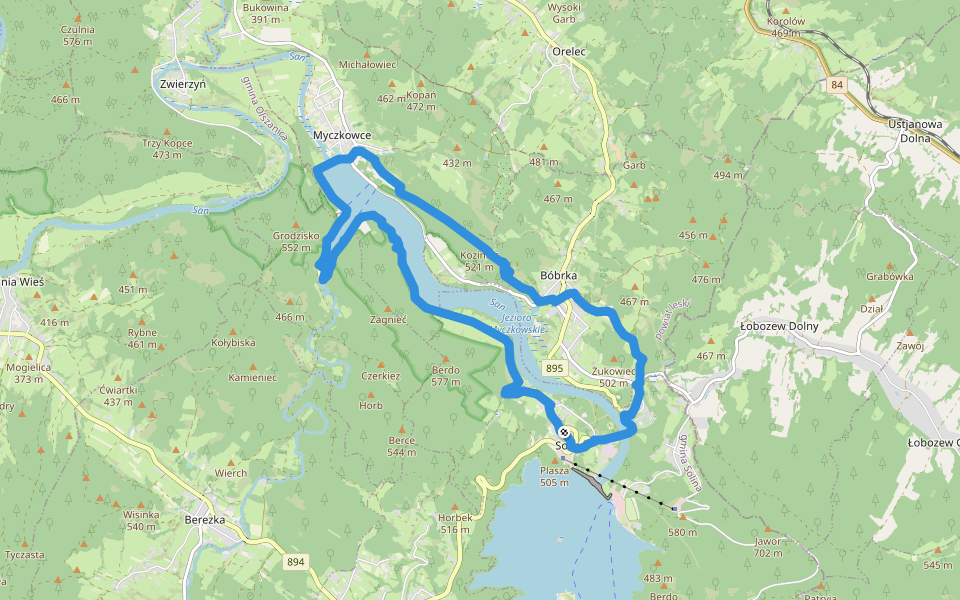 Wokół Jeziora Myczkowskiego "Niebieska Łezka" walking route map in Solina