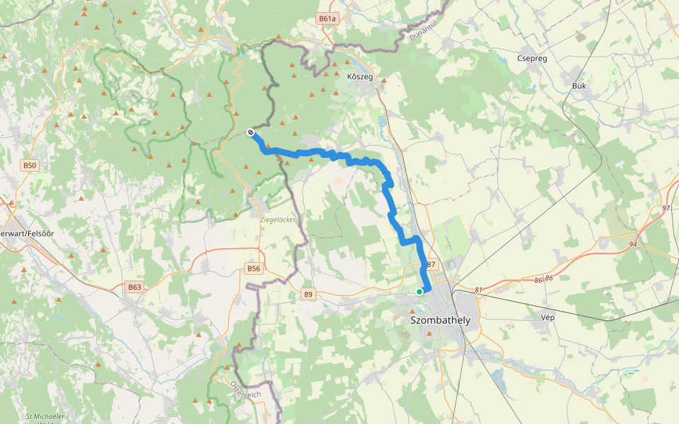 P (Kámoni arborétum – Kőszegszerdahely) walking route map in Szombathely