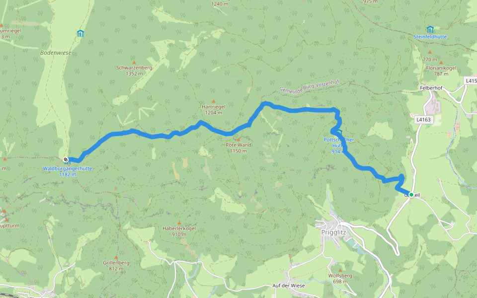 Gasteil - Pottschacher Hütte - Waldburganger Hütte walking route map in Prigglitz