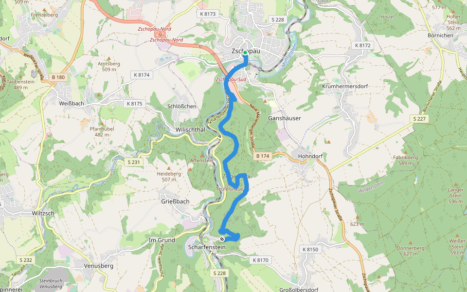 Zschopauhöhenweg walking route map in Zschopau