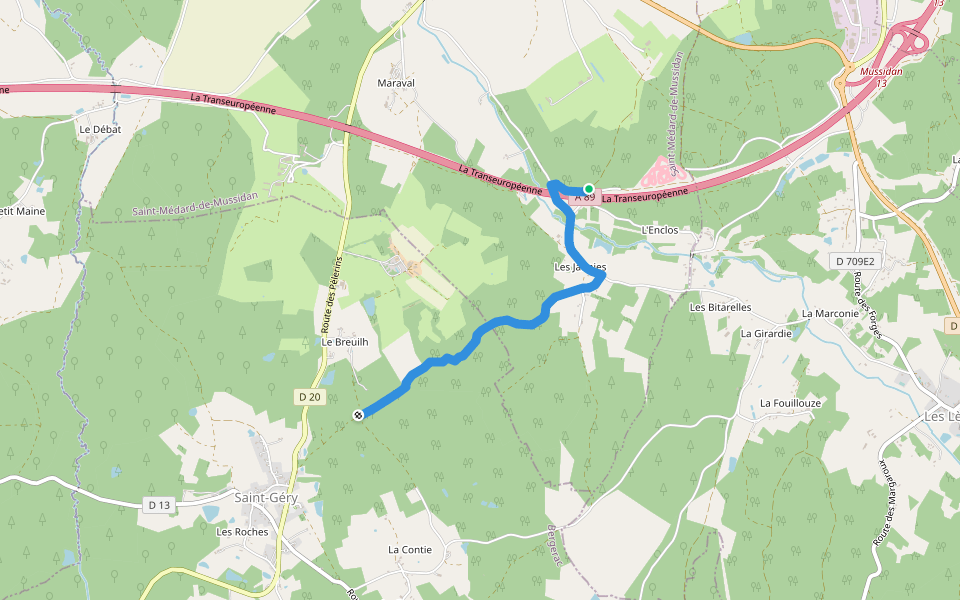 Liaison Les Lèches - St-Géry - Boucle de Bellevue walking route map in Saint-Médard-de-Mussidan