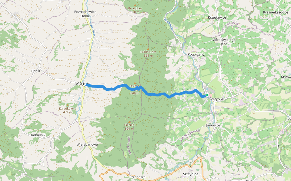 Szczyrzyc - Wiśniowa walking route map in Szczyrzyc