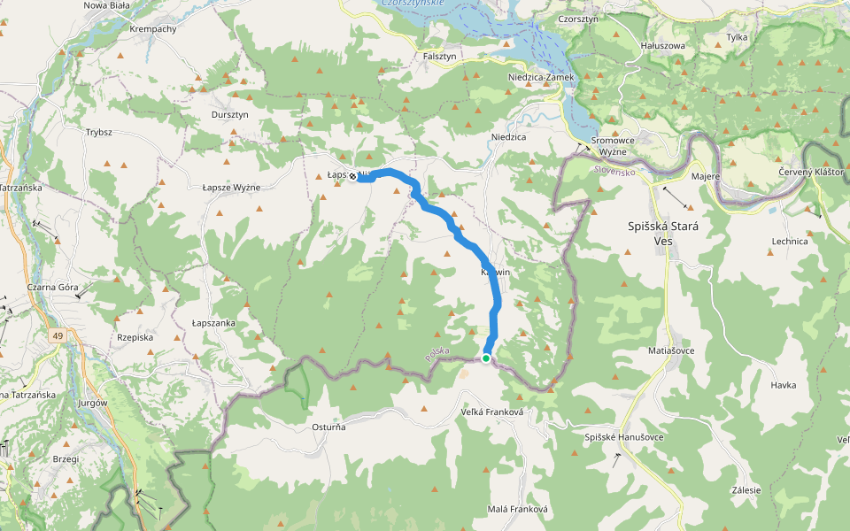 Kacwin (granica państwa) - Łapsze Niżne walking route map in Zakopane