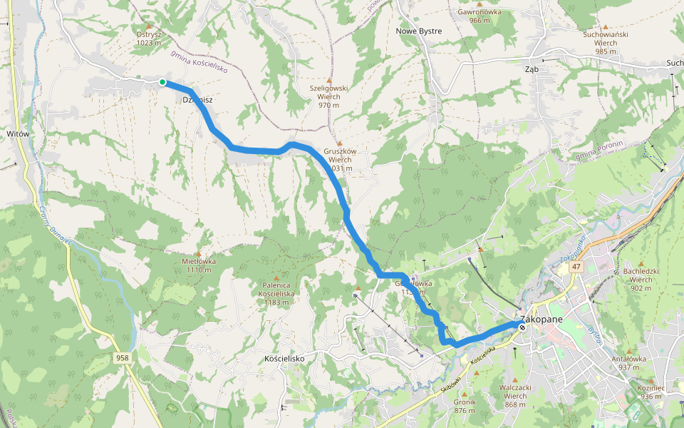 Zakopane - Dzianisz walking route map in Dzianisz
