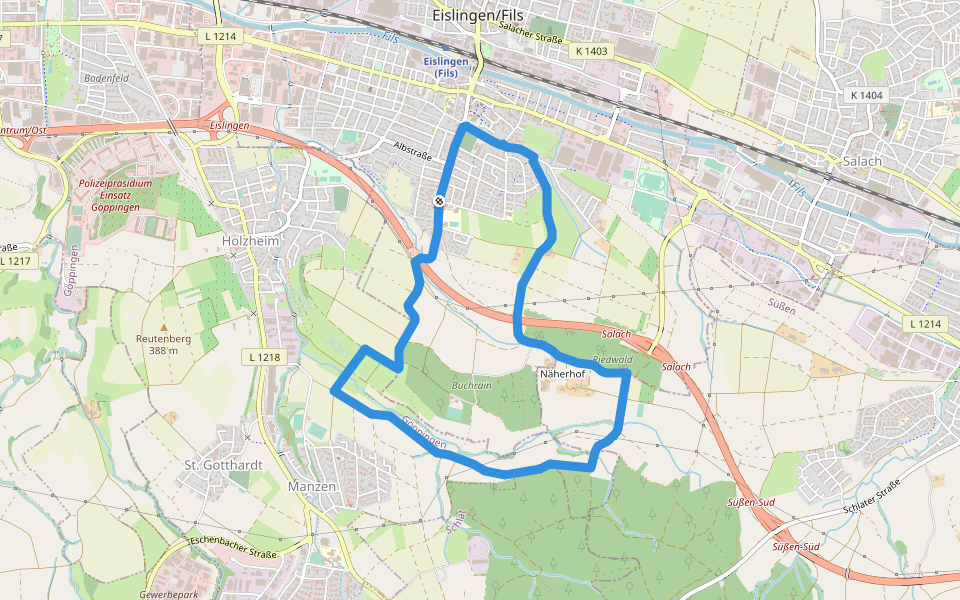 Buchrain-Riedwald-Weg walking route map in Eislingen/Fils