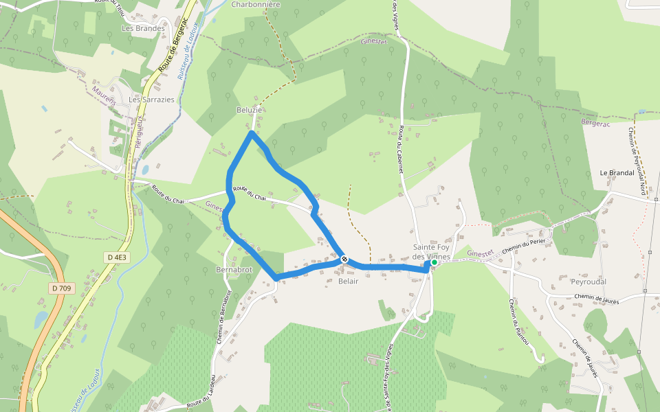 Boucle du Béluze walking route map in Bergerac