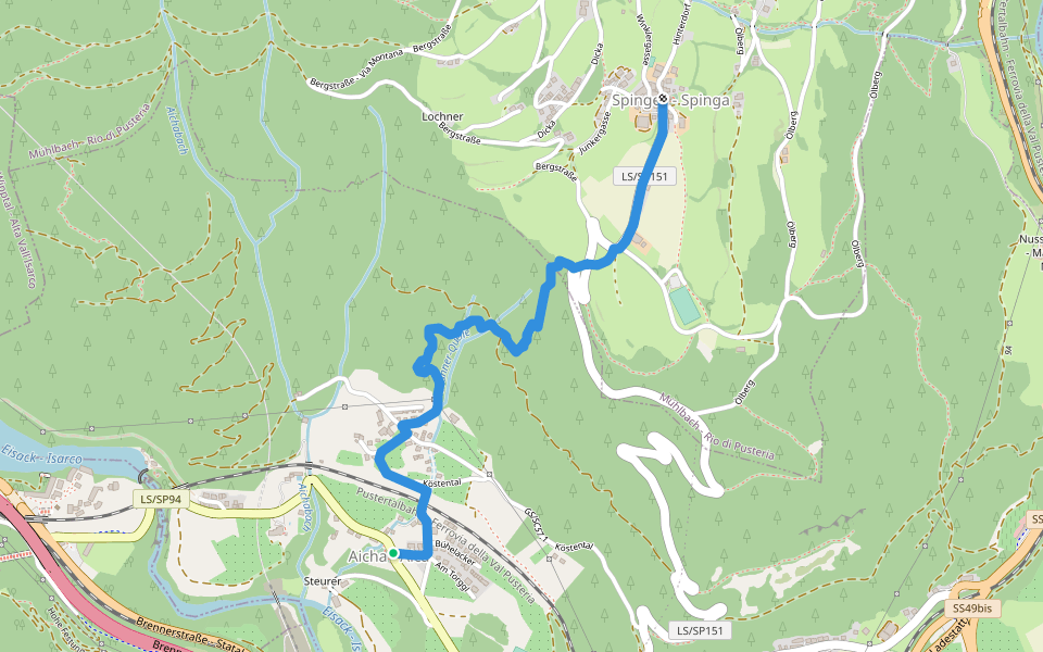 7A - Aicha => Spinges walking route map in Aica