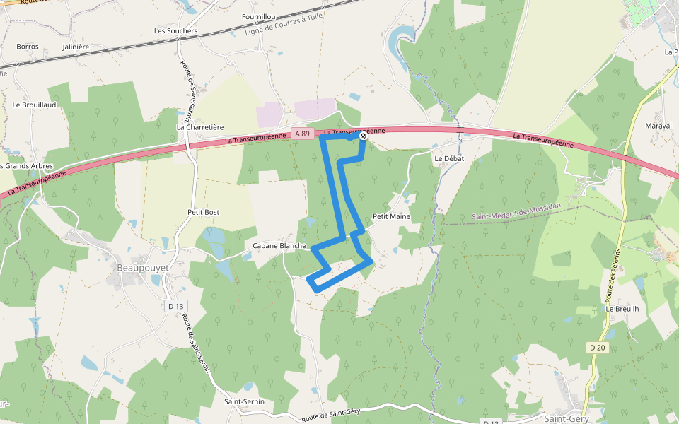 Boucle de la forêt walking route map in Beaupouyet