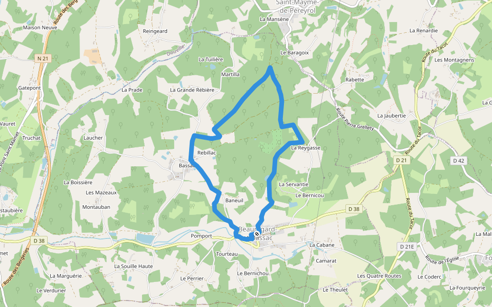 Boucle de Peyrima walking route map in Beauregard-et-Bassac