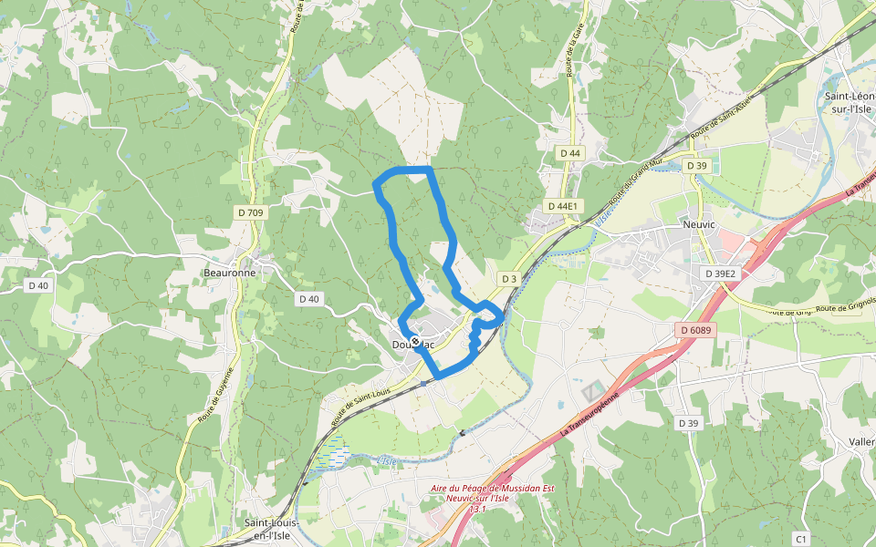 Boucle du château de Mauriac walking route map in Douzillac