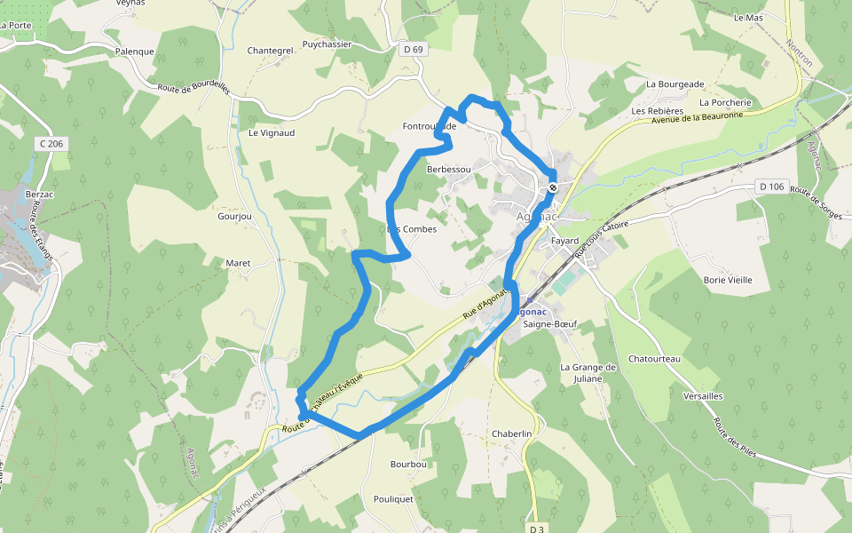 Boucle d'Agonac Fontoubade walking route map in Agonac