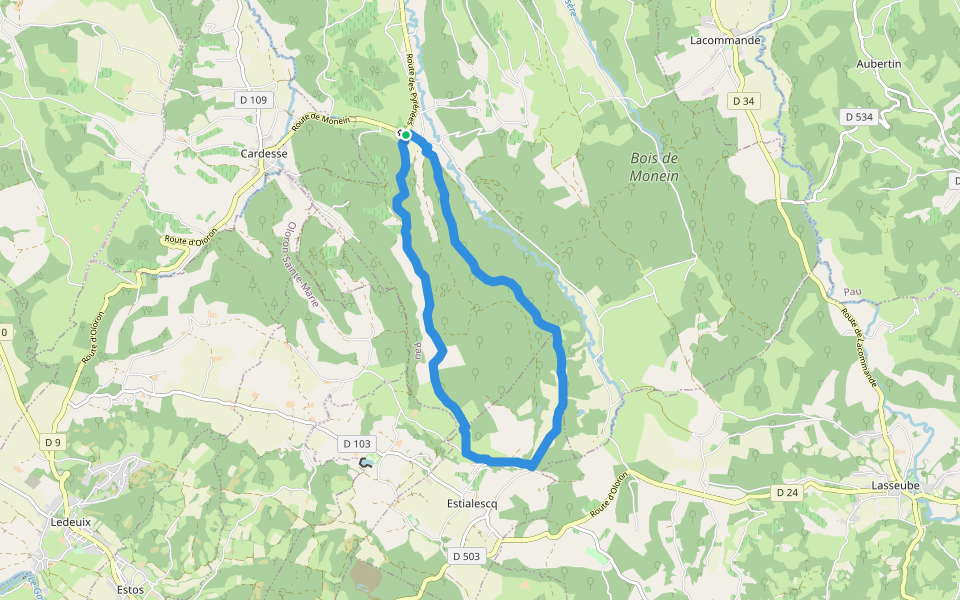 Entre bois et panoramas walking route map in Monein