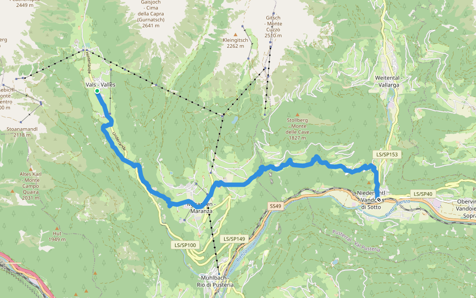 11 - Vals => Meransen => Niedervintl walking route map in Valles