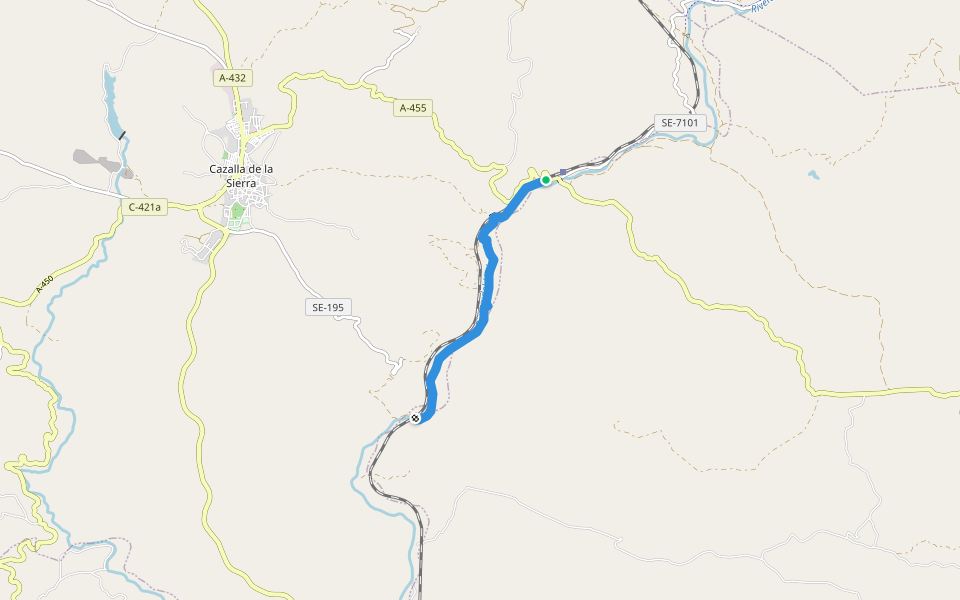 Sendero Molino del Corcho walking route map in Cazalla de la Sierra