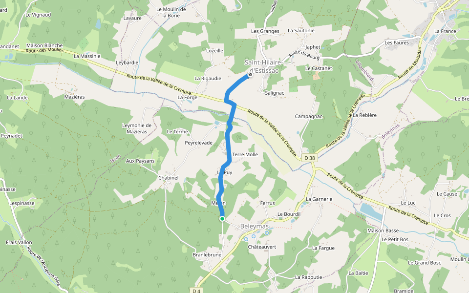 Liaison Beleymas-Saint-Hilaire-d'Estissac walking route map in Beleymas