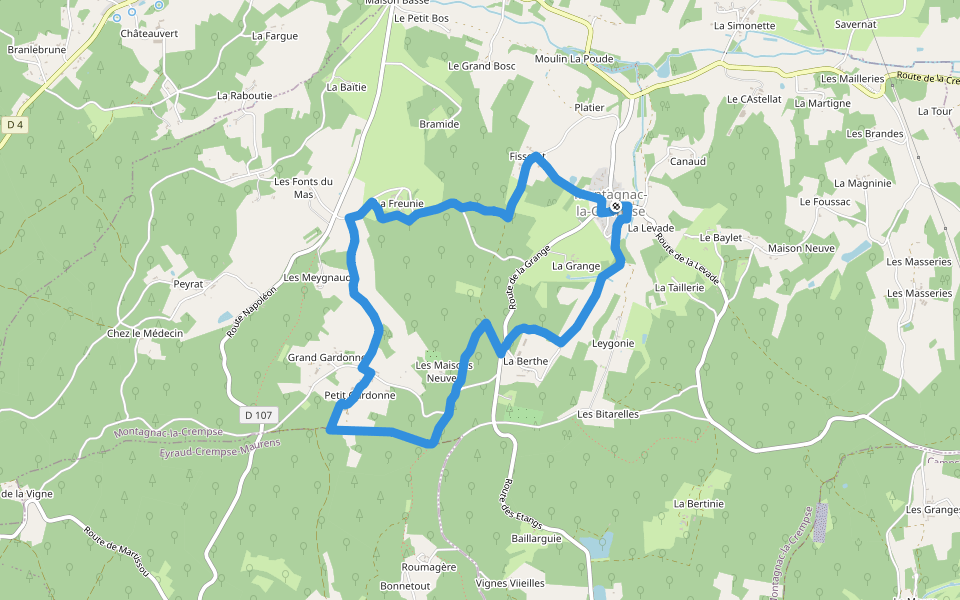 Boucle de Montagnac walking route map in Montagnac-la-Crempse