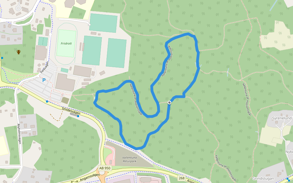 Vallentuna IP 1.6km röd/vit walking route map in Vallentuna