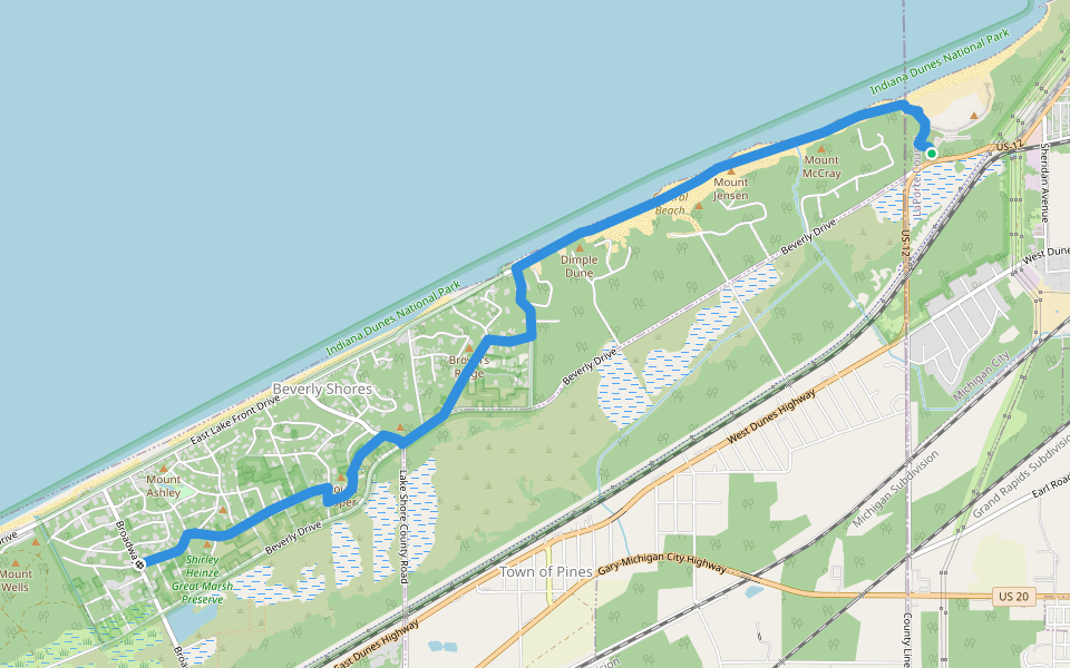 DLT p - Broadway to Mt. Baldy walking route map in Michigan City