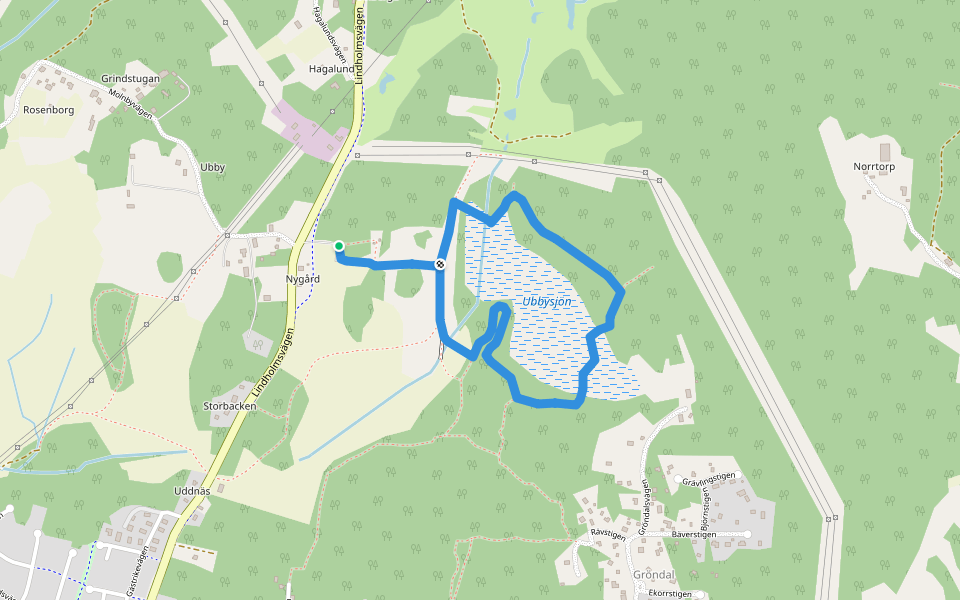 Ubbysjön runt 2km blå walking route map in Vallentuna