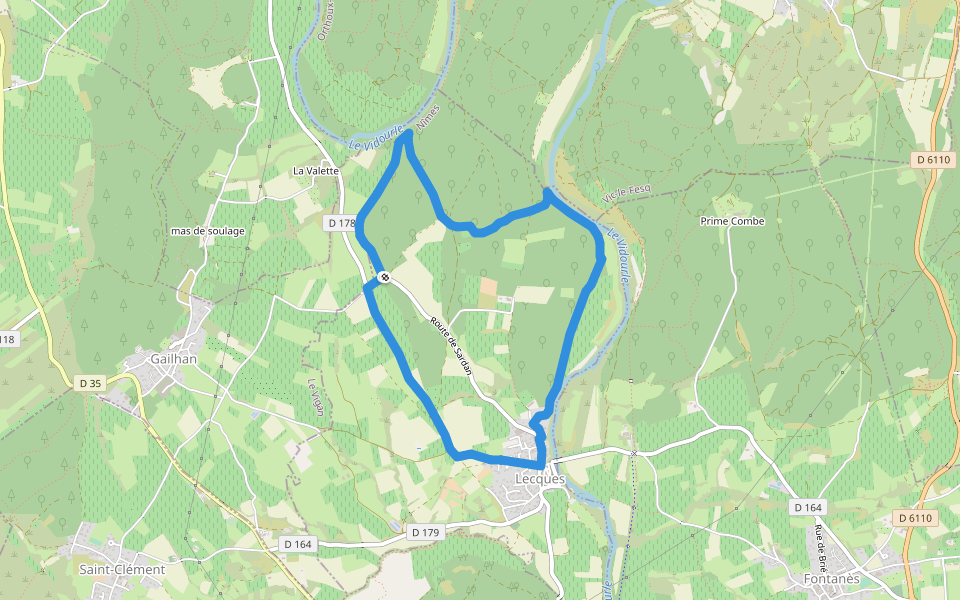 Lecques de l'eau à la roche walking route map in Gailhan