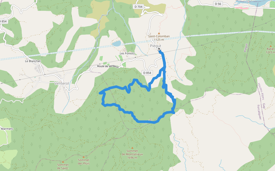 Crête de la Colle walking route map in Piégut