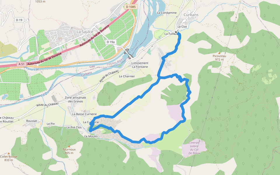 Les Lauzes de Curbans walking route map in Curbans