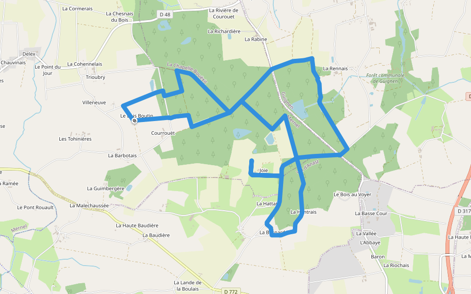 Circuit du bois de Courrouët walking route map in Mernel
