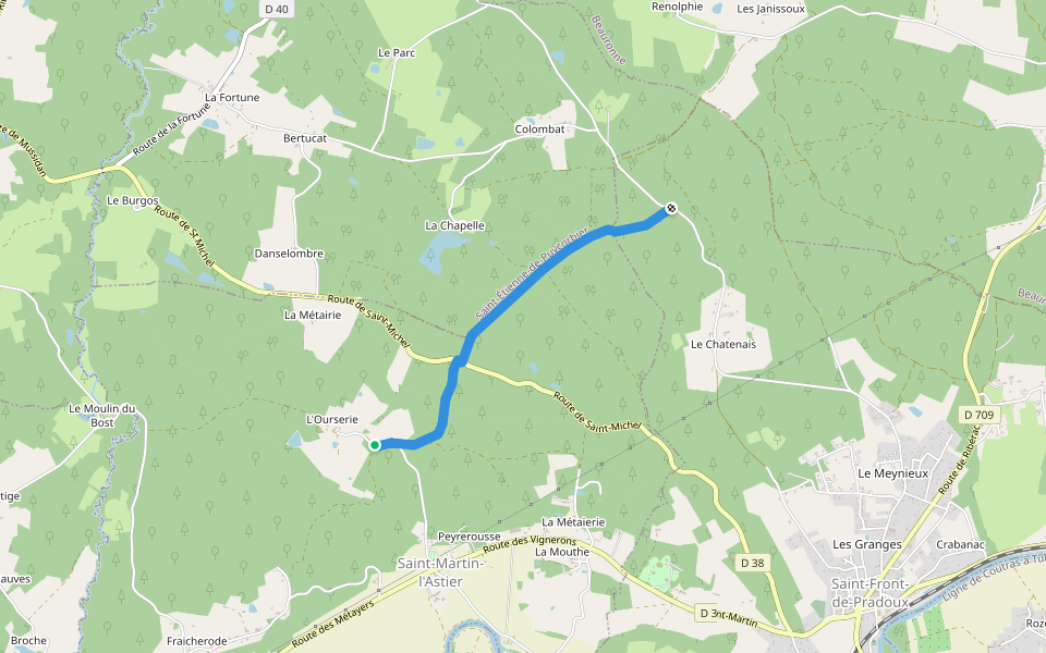 Liaison St-Front-de-Pradoux - St-Martin-l'Astier - St-Laurent-des-Hommes - La Jemaye - Echourgnac - St-Etienne-de-Puycorbier walking route map in Saint-Martin-l'Astier