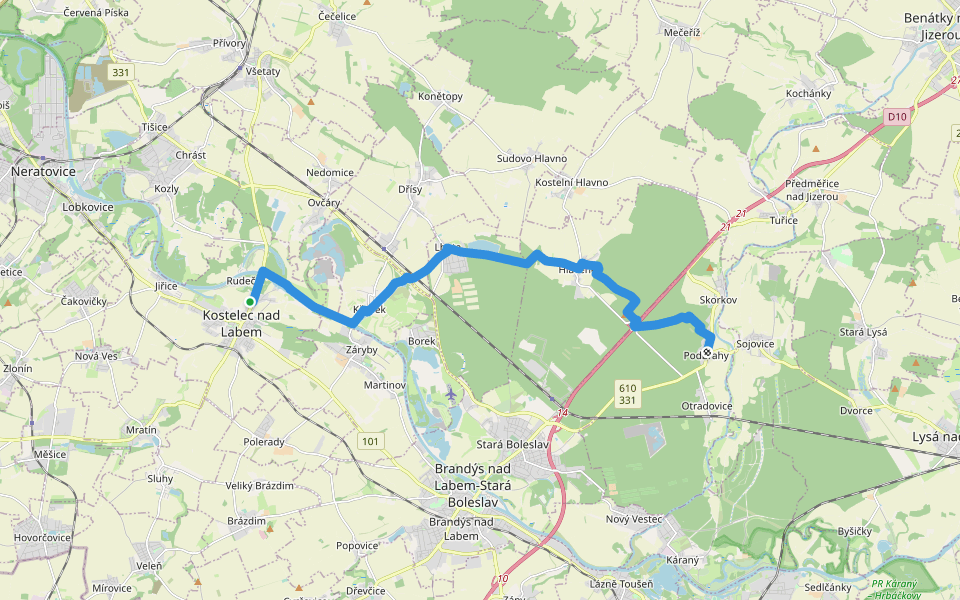 [Č] Kostelec nad Labem - Podbrahy walking route map in Kostelec nad Labem