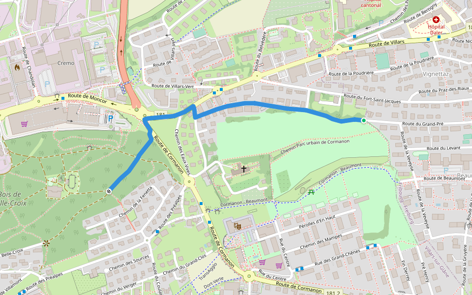 Villars-sur-Glâne Grand-Pré - Villars-sur-Glâne Bois de Belle-Croix walking route map in Fribourg