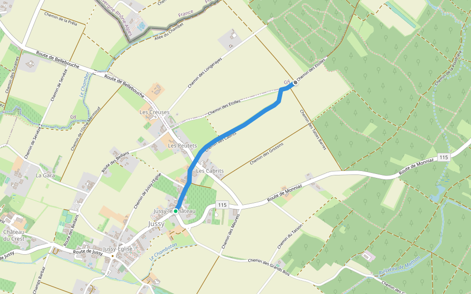 Jussy le Château - Les Longerayes walking route map in Jussy