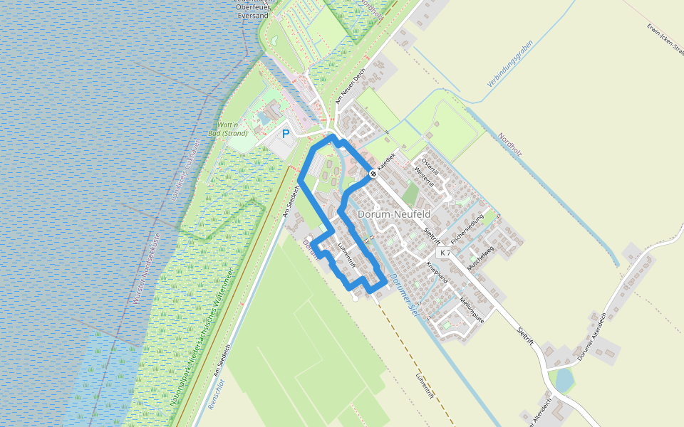 Der Dorfweg Wanderweg - Dorum-Neufeld walking route map in Wurster Nordseeküste
