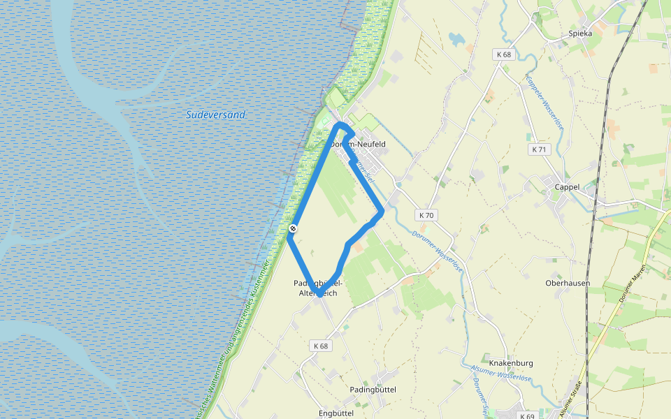 Die Deichroute Wanderweg - Dorum-Neufeld walking route map in Wurster Nordseeküste