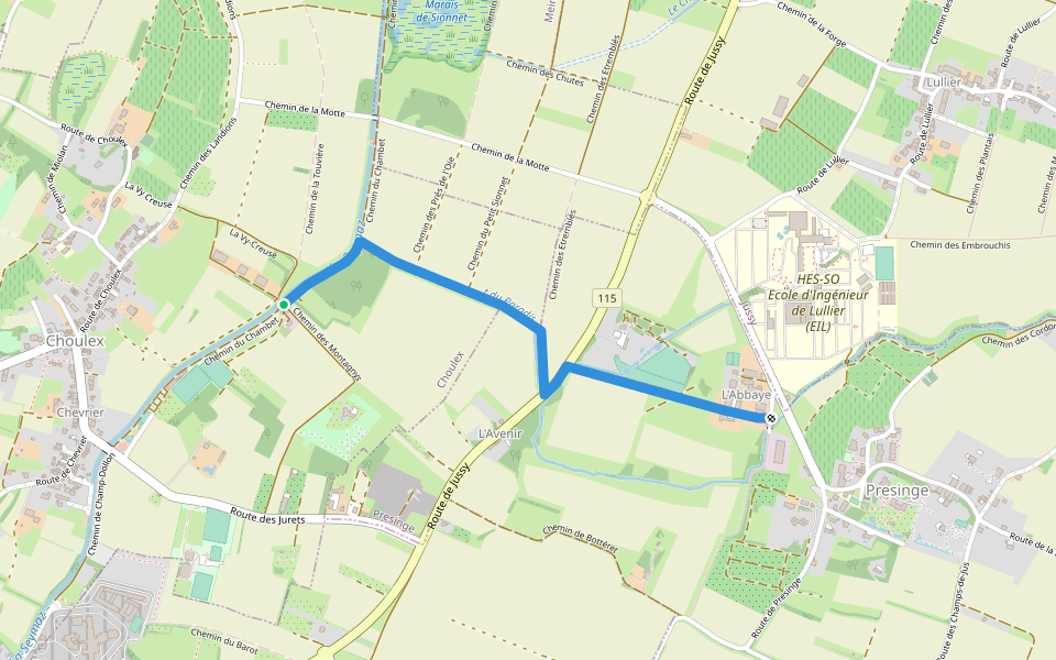 Les Montagnys - Presinge walking route map in Choulex