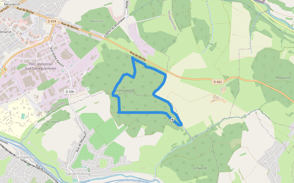 Circuit "Le Grosswald" walking route map in Sarreinsming