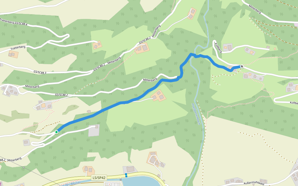 Kirchweg walking route map in Selva dei Molini