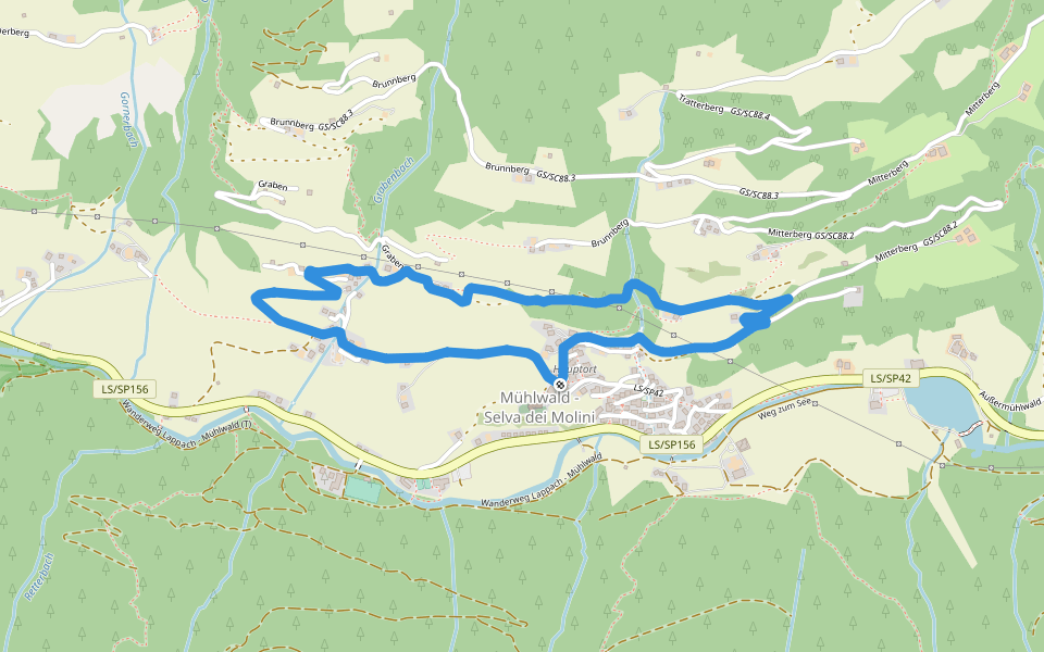 Weg übers Dorf walking route map in Selva dei Molini