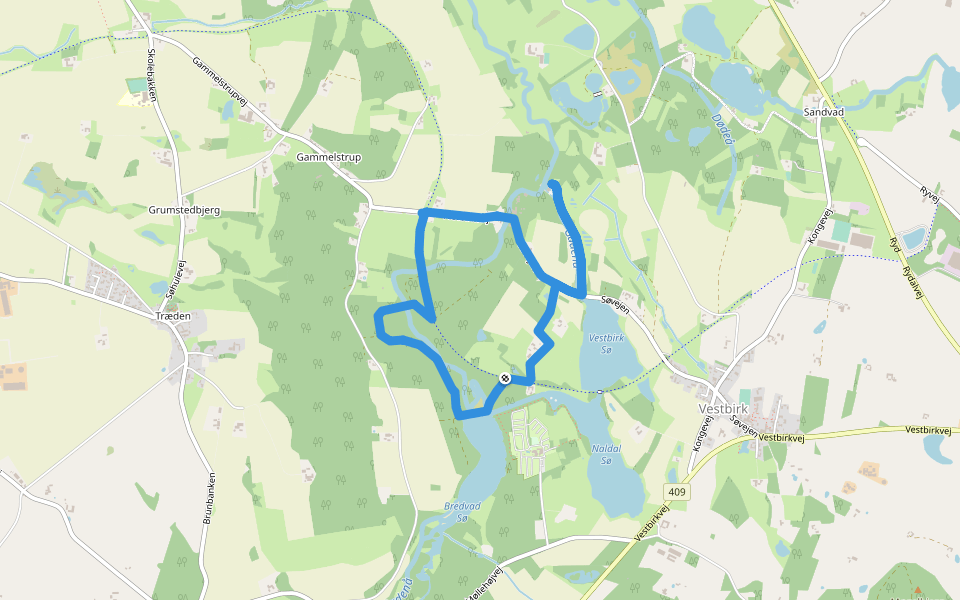 Vestbirk Vandkraftværk walking route map in Østbirk