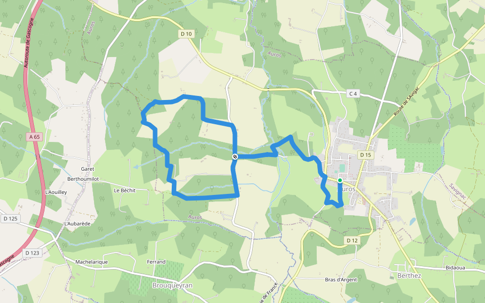 Boucle du Moulin d'Auros walking route map in Auros