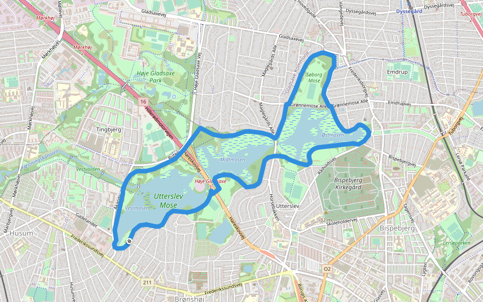 Utterslev Mose rundt walking route map in København