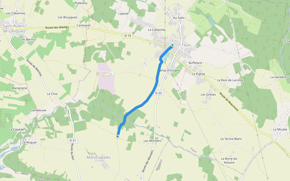 Liaison Faux - Monmadalès - Montaut walking route map in Faux