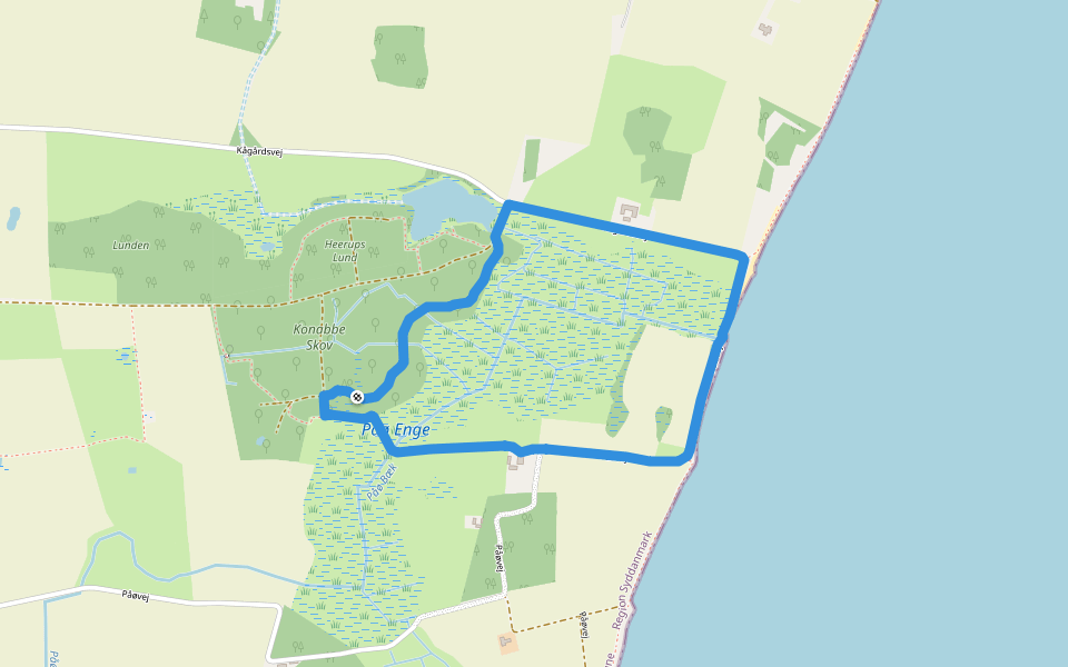Skovsgaard - Påø Enge walking route map in Rudkøbing