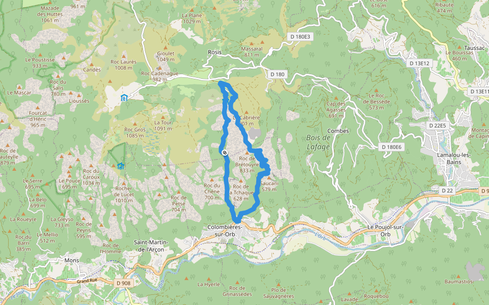 Les Gorges de Colombieres walking route map in Colombières-sur-Orb