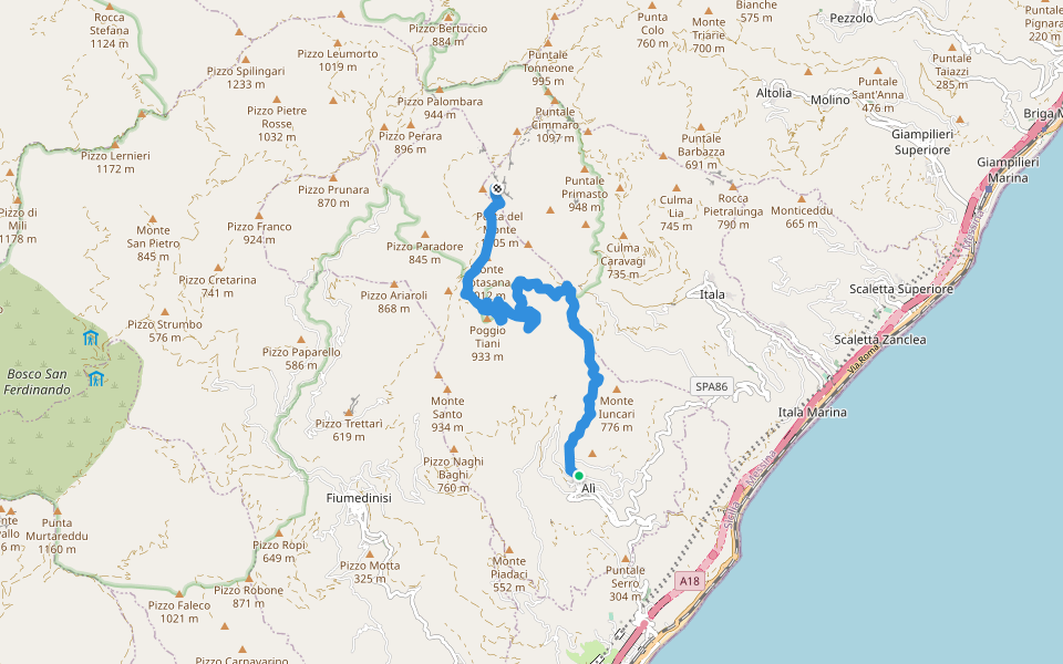 Alì Monte Scuderi walking route map in Alì