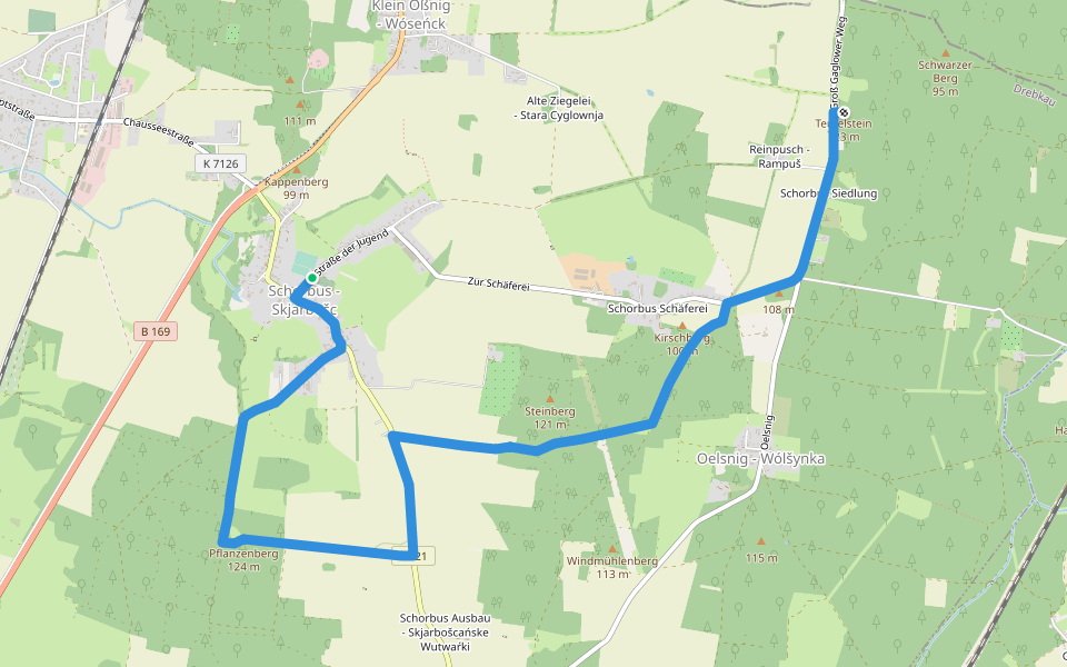 Schorbus Vereinshaus-Pflanzenberg-Reinpusch Teufelstein walking route map in Drebkau