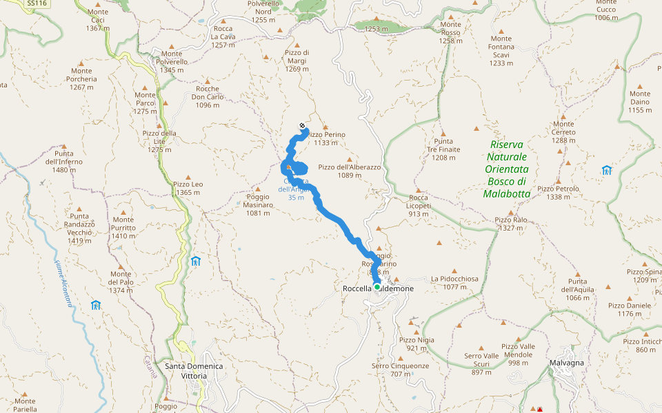 Sentiero Roccella Cascata Angara Palazzolo walking route map in Roccella Valdemone