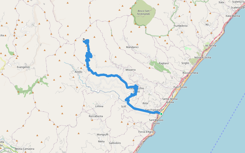 Foce Fiumara d'Agrò - Casalvecchio - Vernà walking route map in Santa Teresa di Riva
