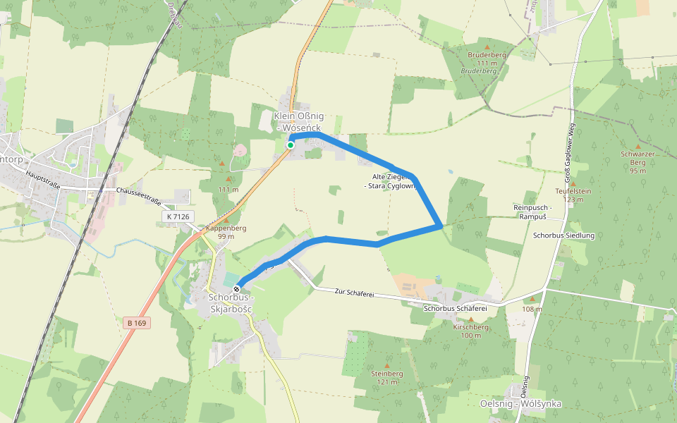 Wanderweg Schorbus Vereinsheim - Klein Oßnig Gaststätte walking route map in Drebkau